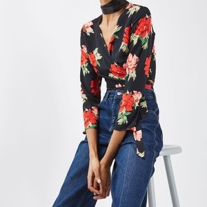 Topshop black floral wrap top long sleeve cropped